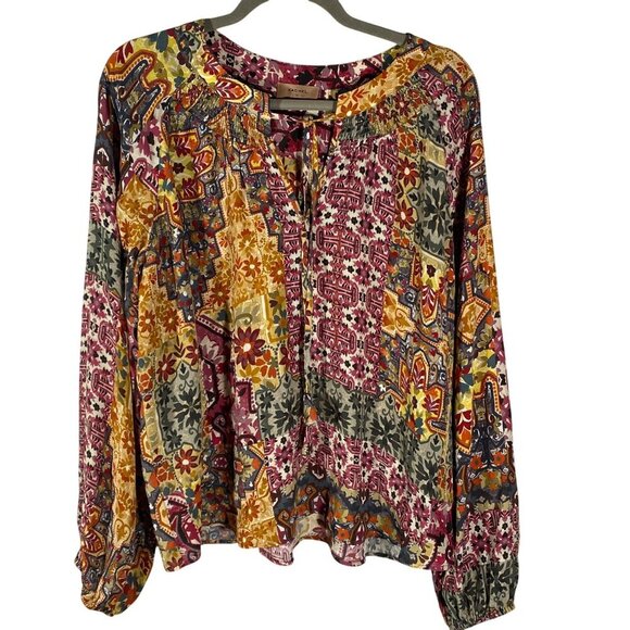 Kachel X Anthropologie Ambrosia Peasant Blouse keyhole tassel tie women’s M - Picture 3 of 11